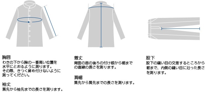 襟裾・ズボンの測り方イメージ図