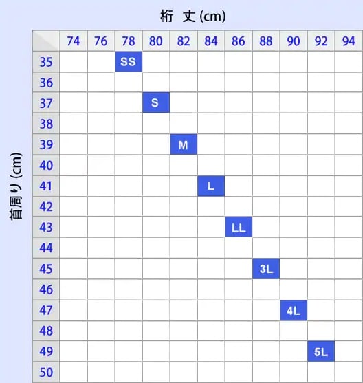 一般的なシャツのサイズ表記