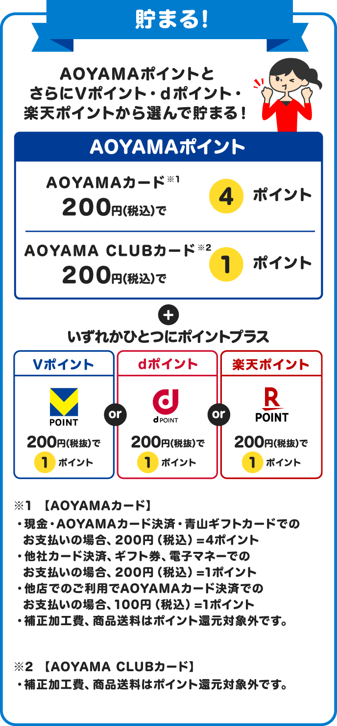 貯まる! AOYAMAポイントとさらにVポイント・dポイント・楽天ポイントから選んで貯まる！