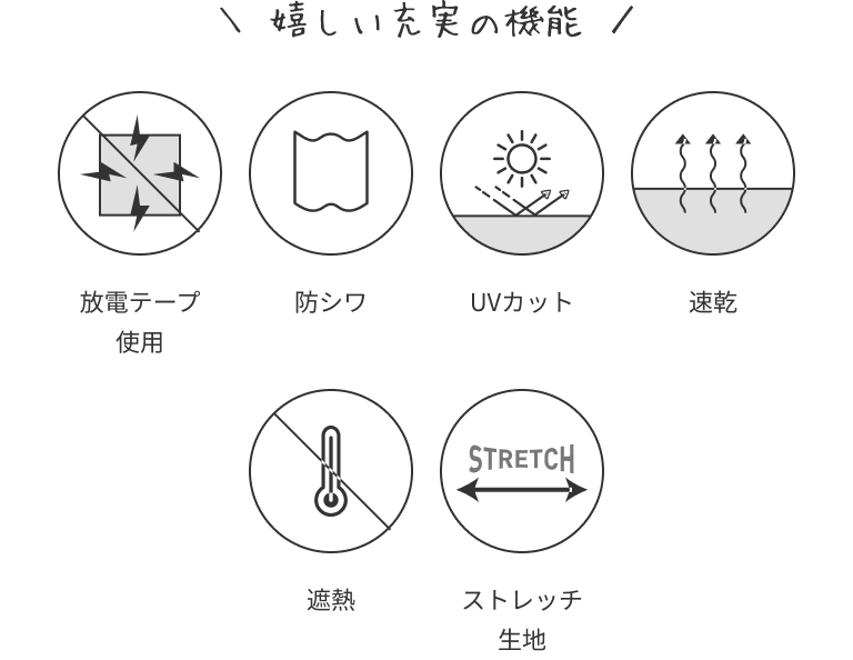 放電テープ使用、防シワ、UVカット、速乾、遮熱、ストレッチ生地