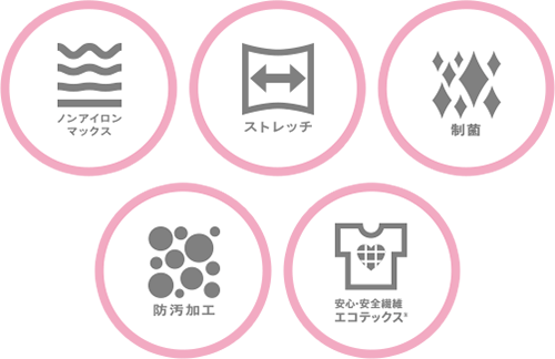 機能：ノンアイロンマックス、ストレッチ、制菌、防汚加工、安心・安全繊維エコテックス