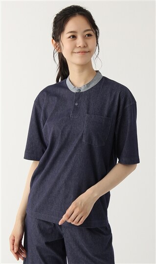 【男女兼用】デニムライクバンドカラーTシャツ【セットアップ】