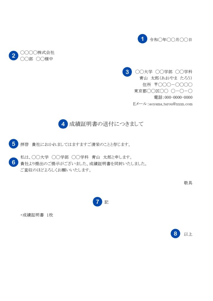 成績証明書の添え状の例